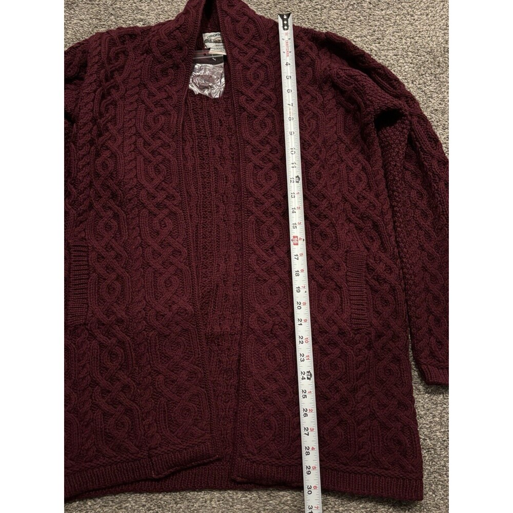 Aran Crafts Merino Wool Open Front Cardigan Sweater Pockets Wine Red Size Small - Picture 2 of 7